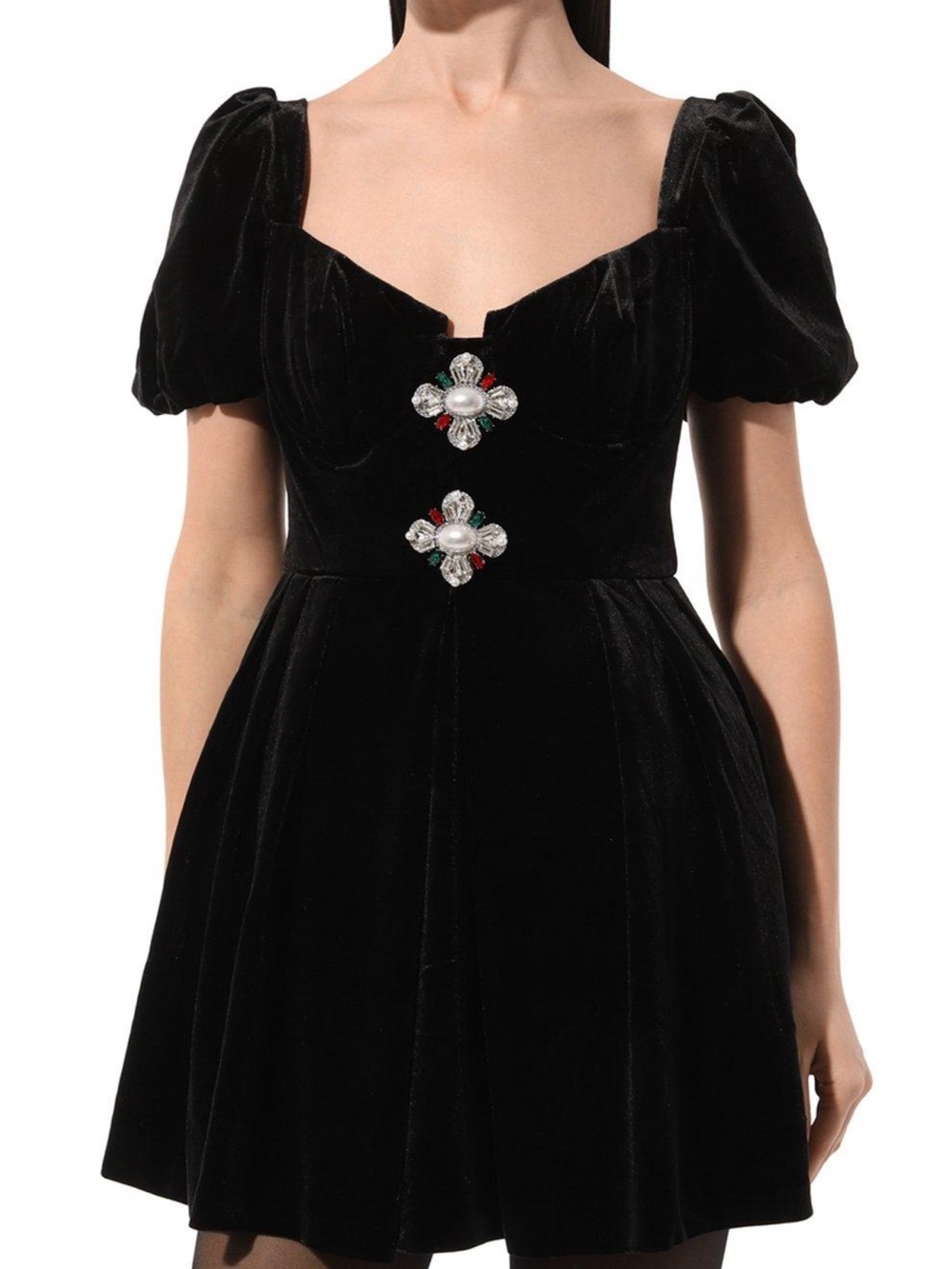 Black Velvet Puff-Sleeve Mini Dress with Jewel Buttons